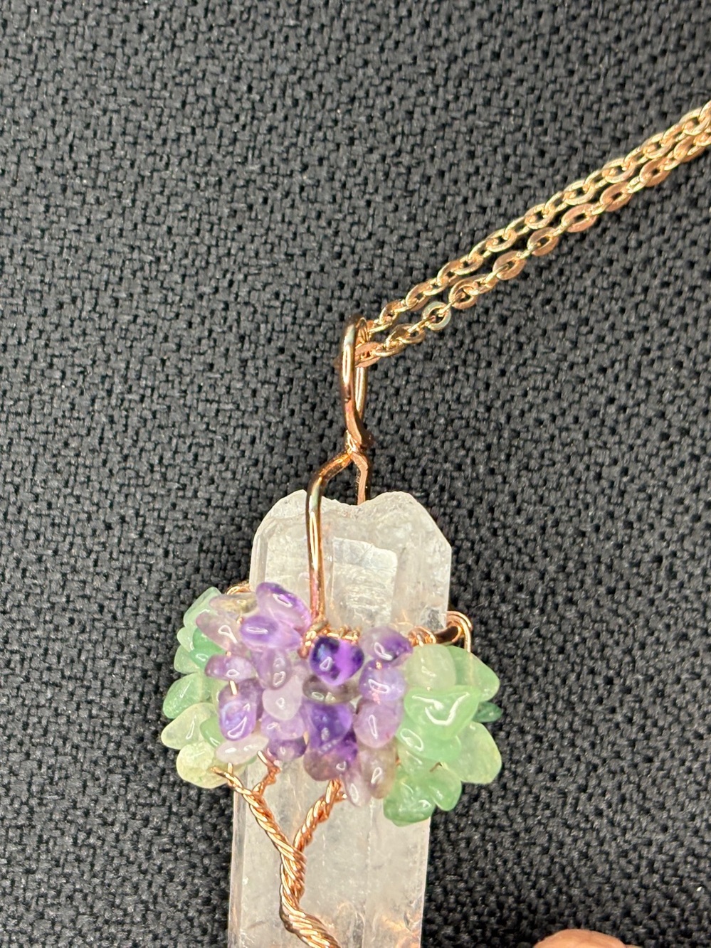 Rose Gold Wire-Wrapped Crystal Tree Pendant Necklace in Purple and Green - Picture 7 of 7